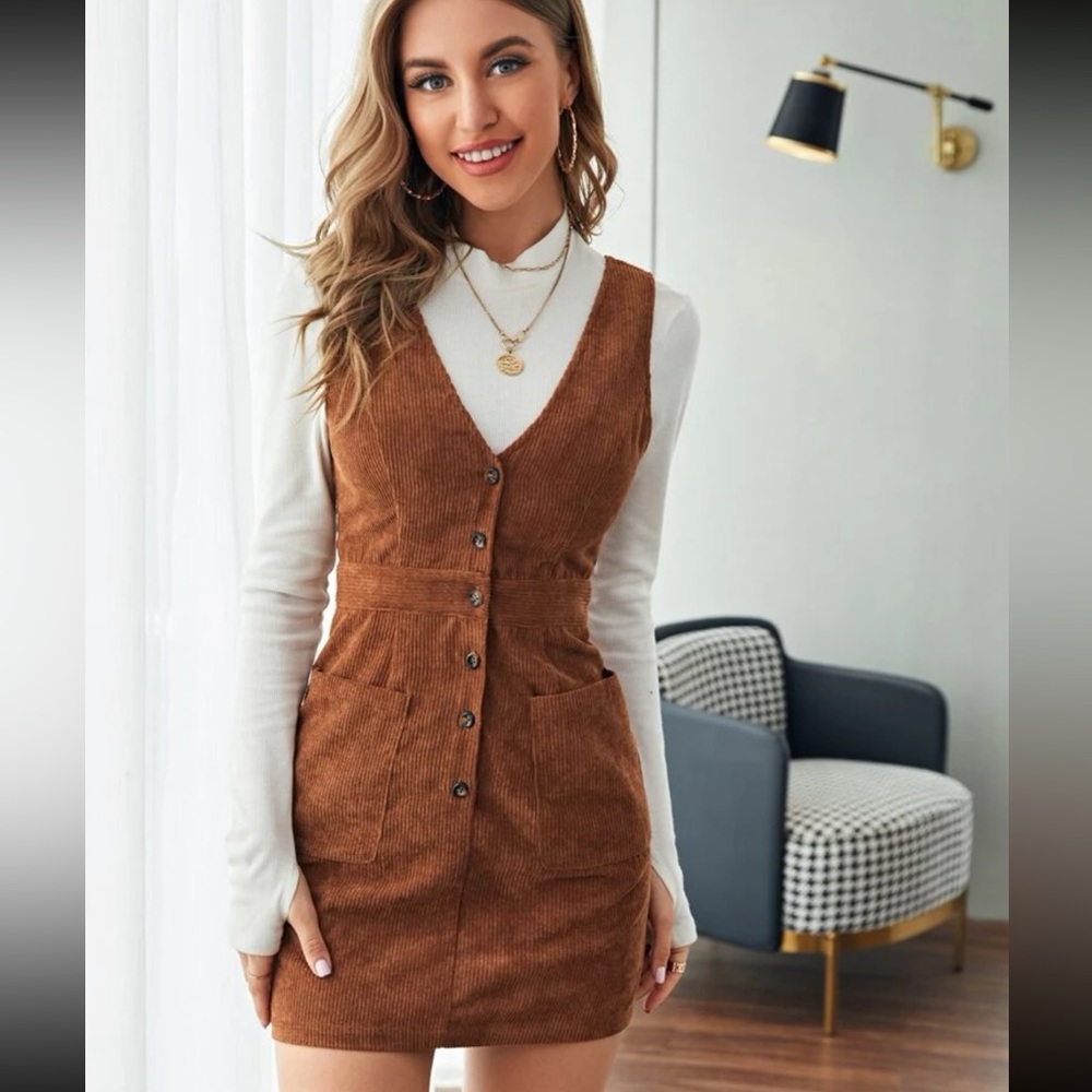 Brown corduroy overall dress
